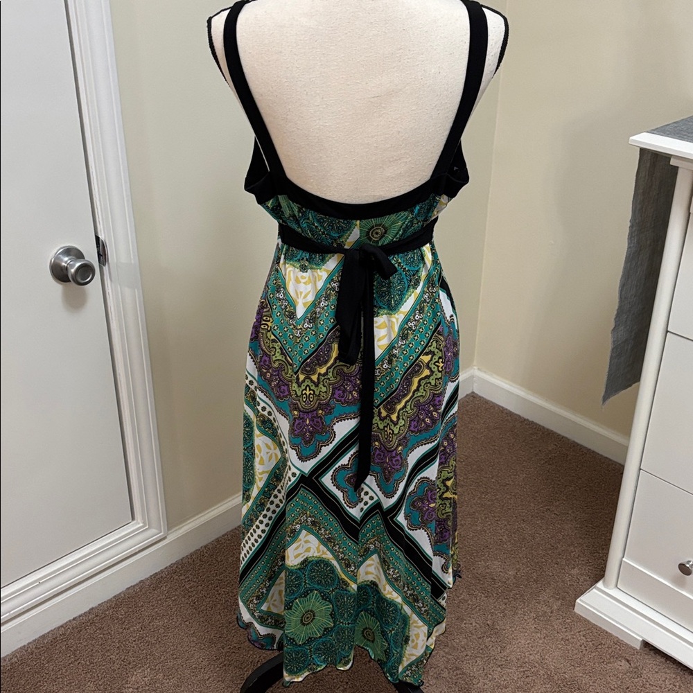 Dress Barn Black and Green Patterned Tie Waist Midi Dress size 12 - Picture 4 of 7